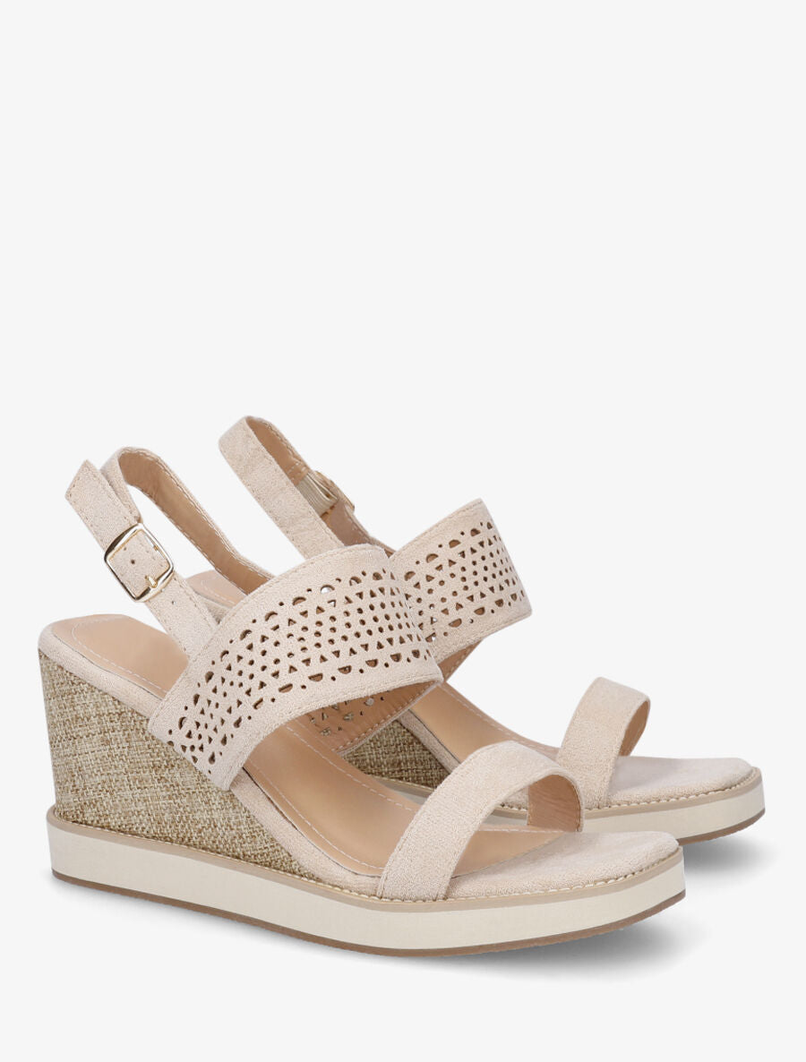 Sandales compensées à lanière ajourée - Beige - 4