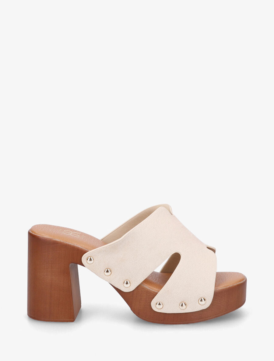 Mules à talon effet bois et ganse en suédine - Beige - 5