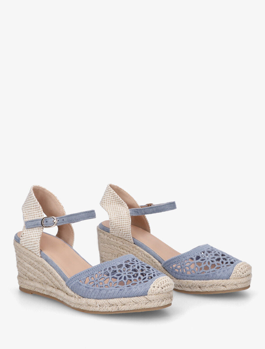 Sandales compensées ajourées à contrefort imprimé damier - Bleu - 4