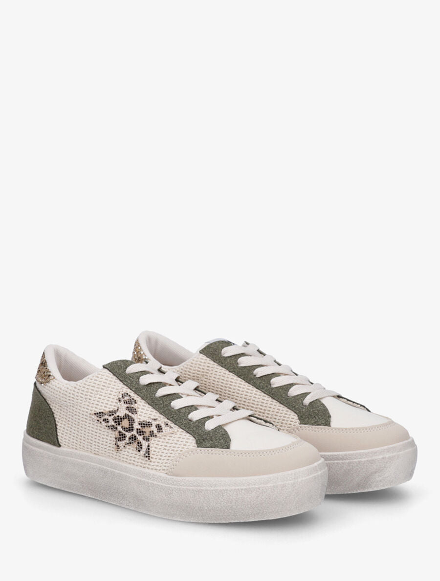Baskets bimatière à motif étoile léopard - Beige/kaki - 4