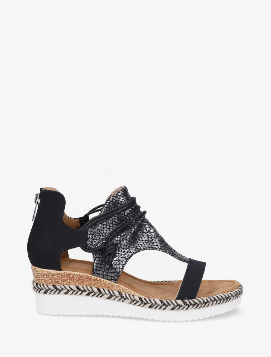Sandales compensées effet python à liens - Noir - 1