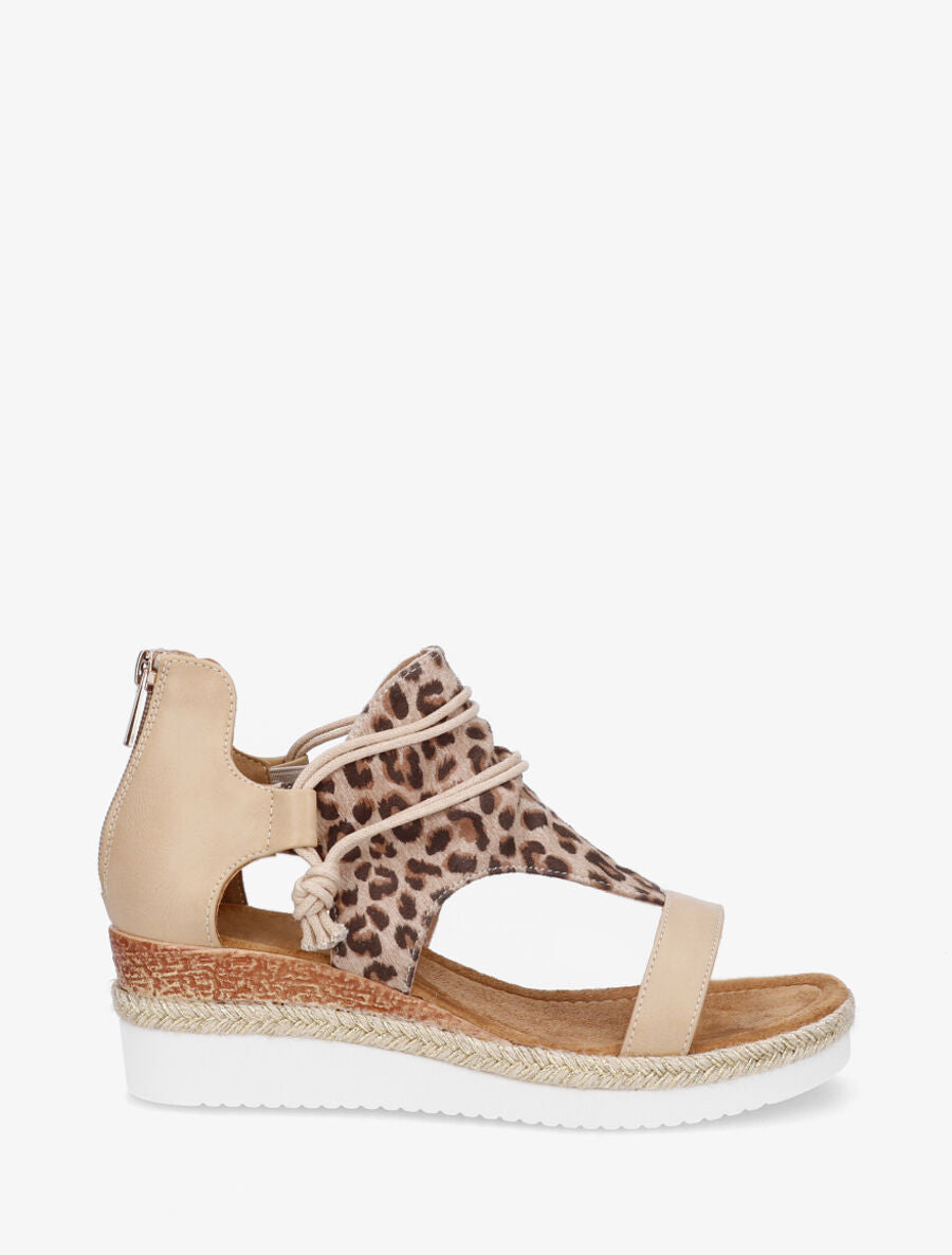 Sandales compensées imprimé léopard à liens - Beige - 1