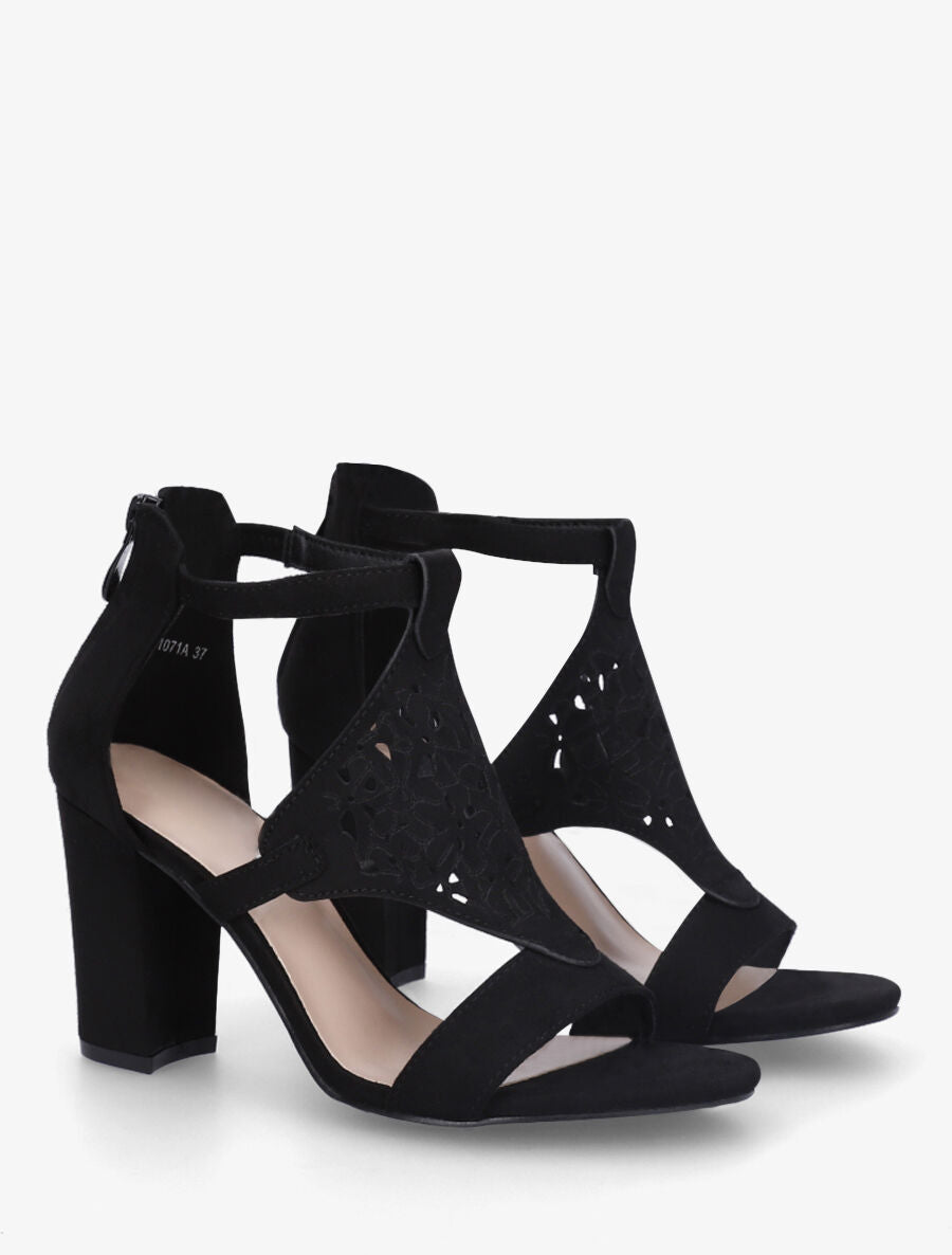 Sandales en suédine à claque piquetée motif fleuri - Noir - 4