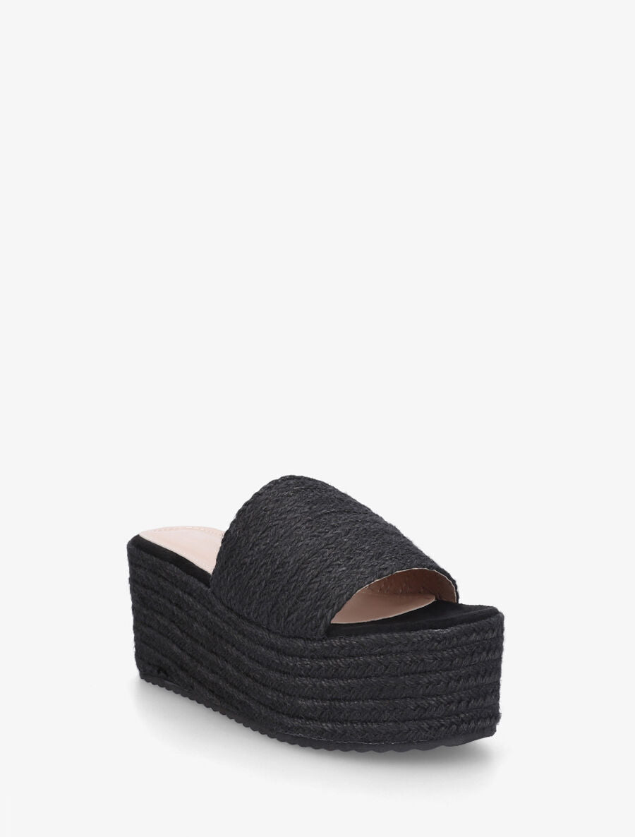 Mules à talon compensé haut en raphia - Noir - 2