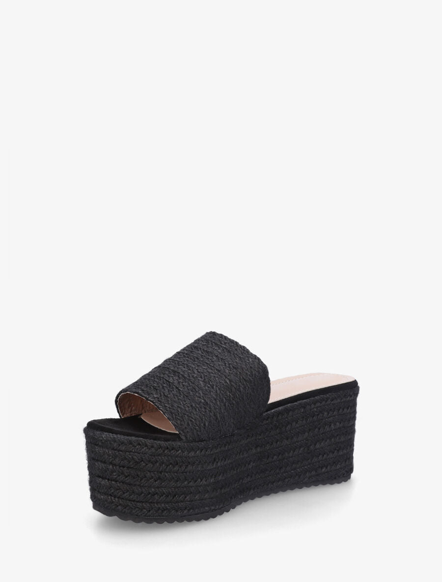 Mules à talon compensé haut en raphia - Noir - 3