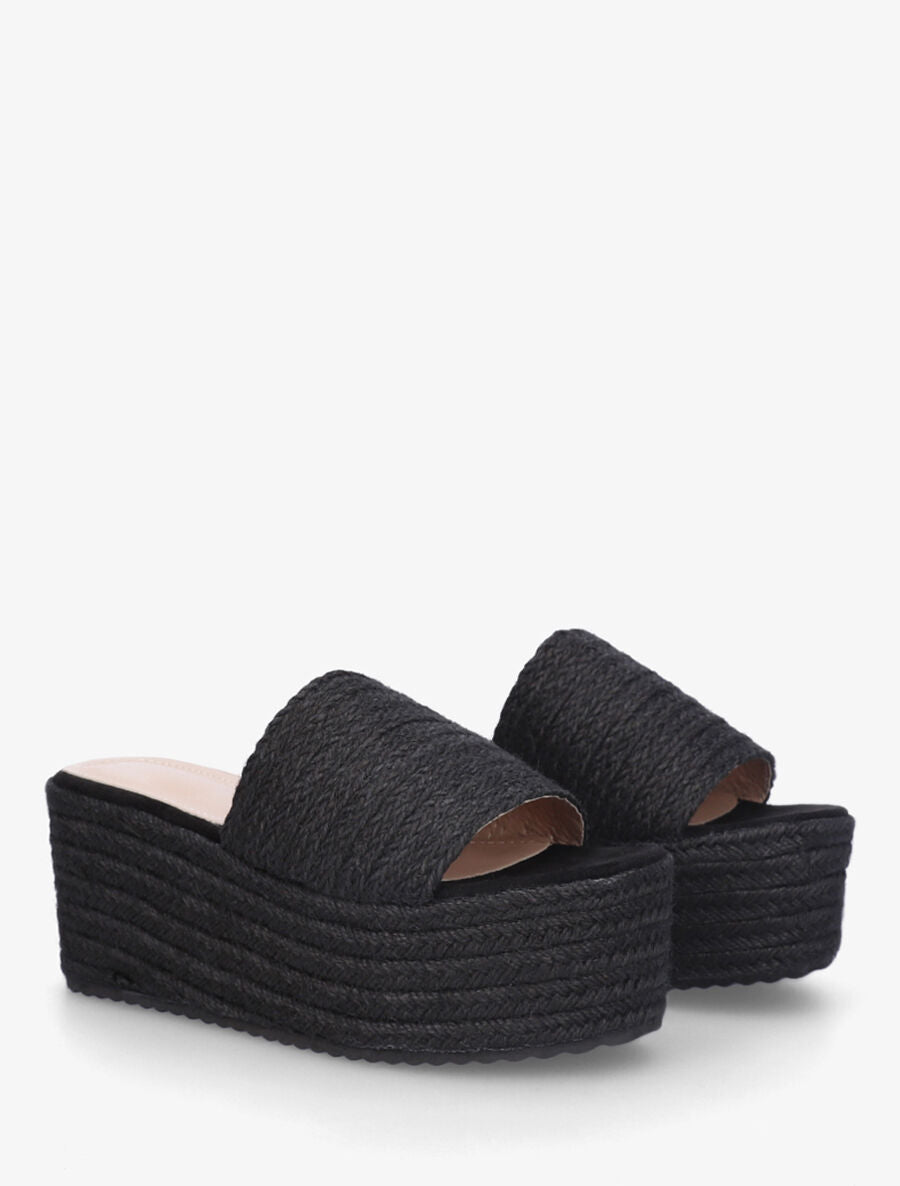 Mules à talon compensé haut en raphia - Noir - 4