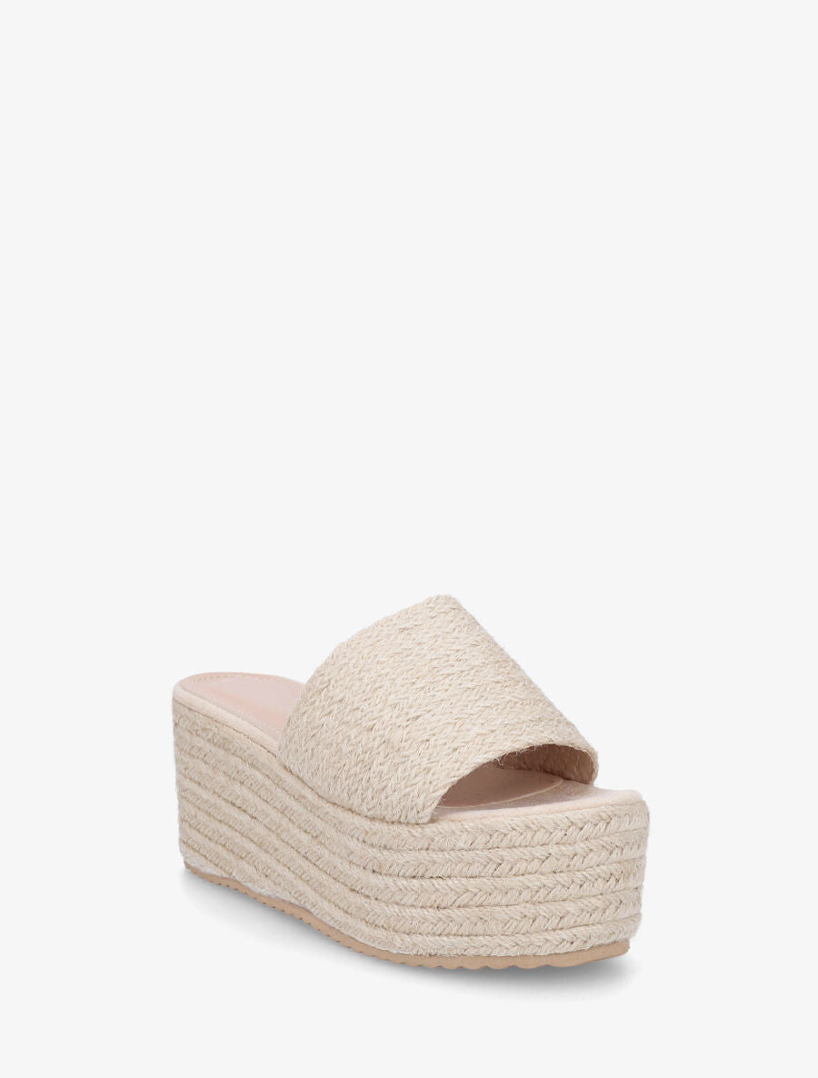 Mules à talon compensé haut en raphia - Beige - 2