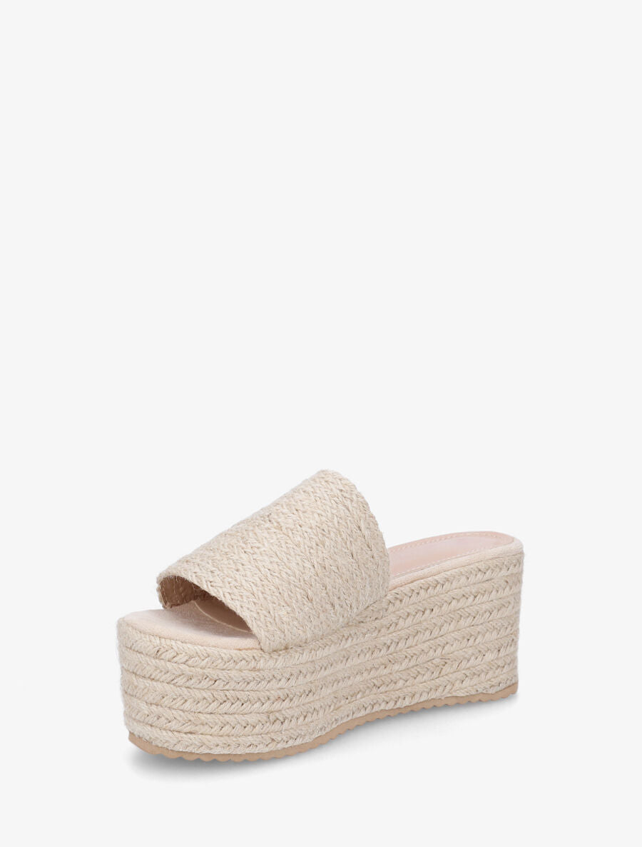 Mules à talon compensé haut en raphia - Beige - 3