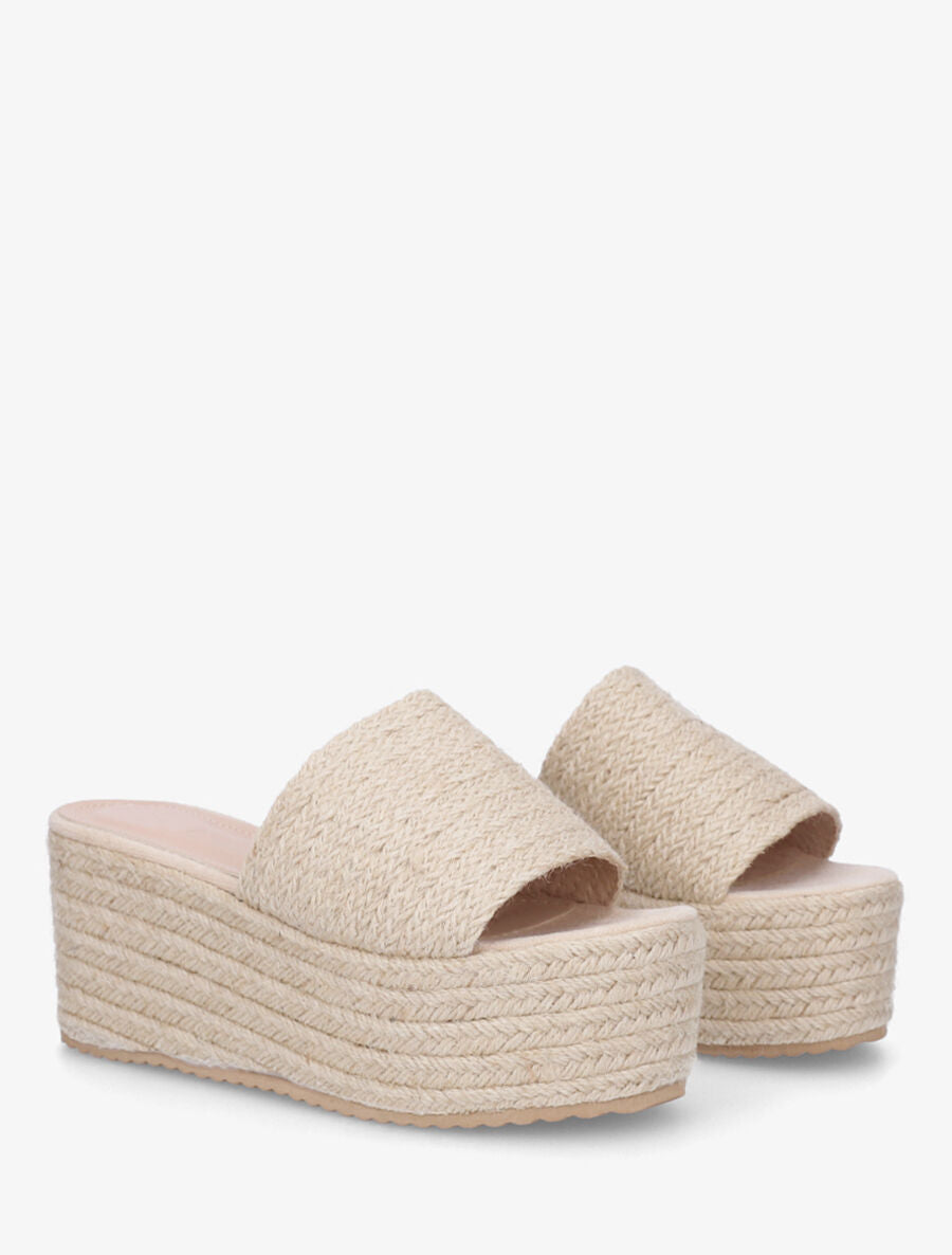 Mules à talon compensé haut en raphia - Beige - 4