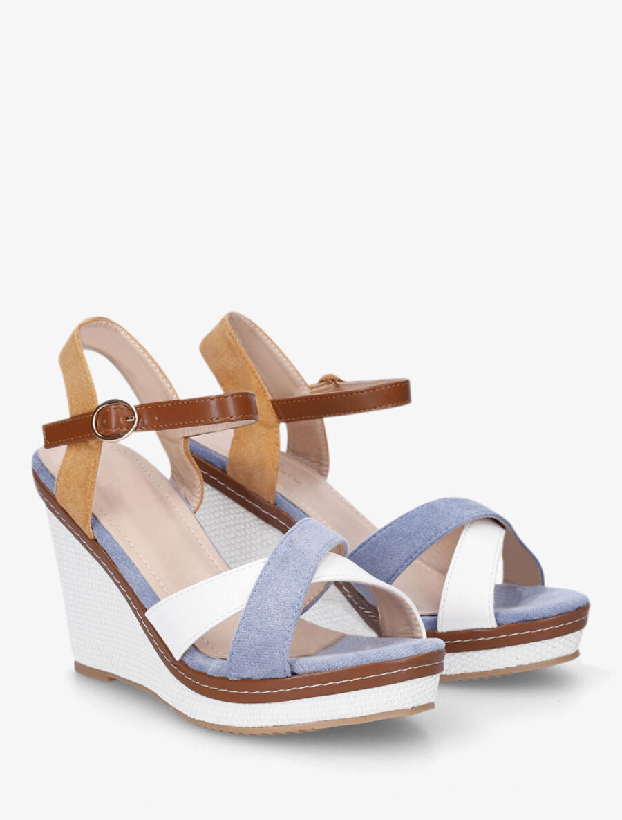 Sandales compensées bicolore - Bleu clair - 4