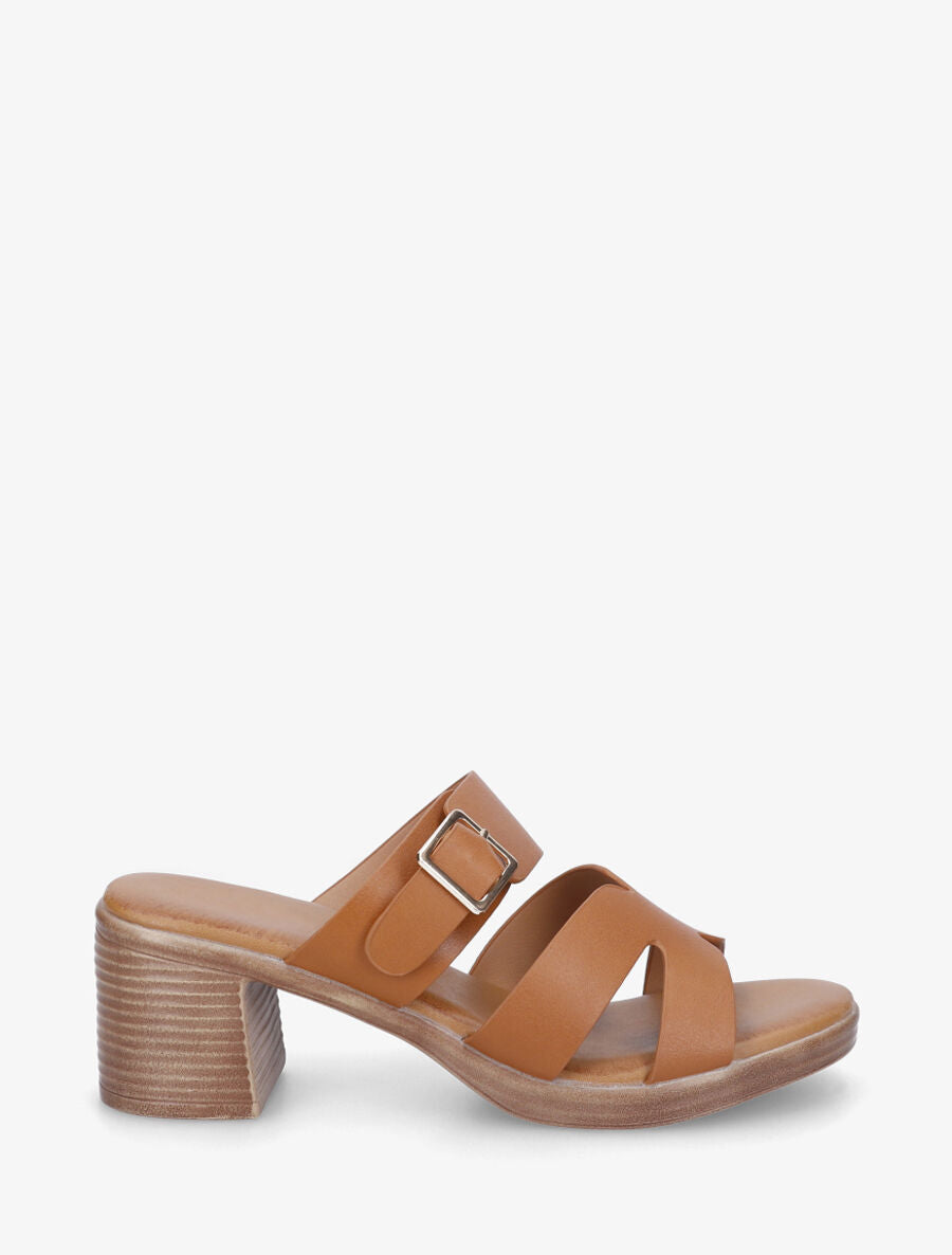 Mules à talon en simili - Camel - 5