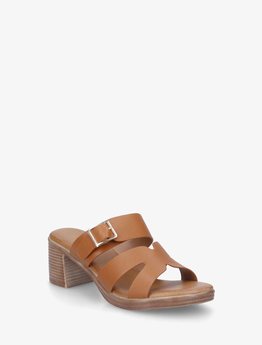 Mules à talon en simili - Camel - 2