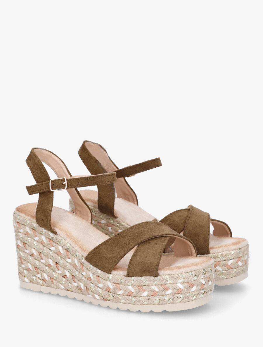 Sandales compensées en suédine et raphia - Kaki - 4
