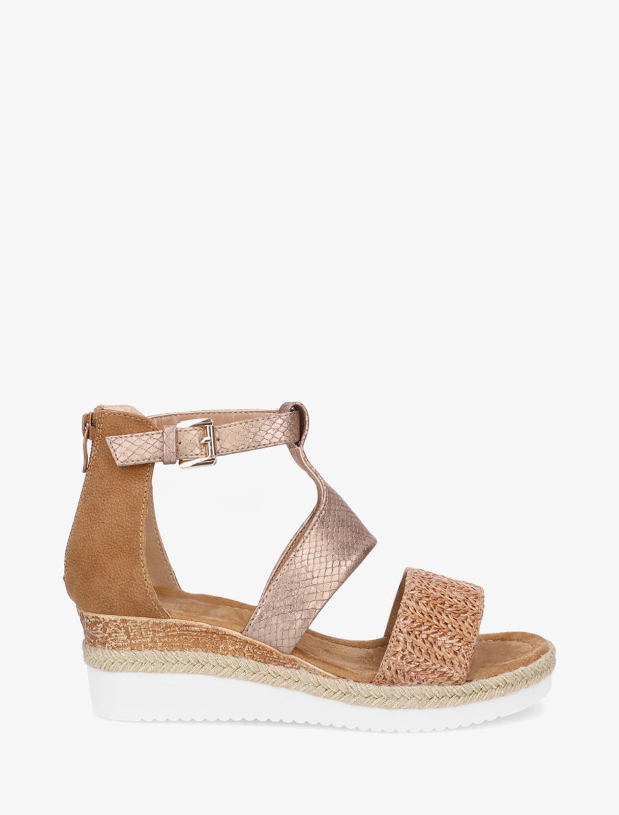 Textuur sleehak sandalen met python detail - Kameel