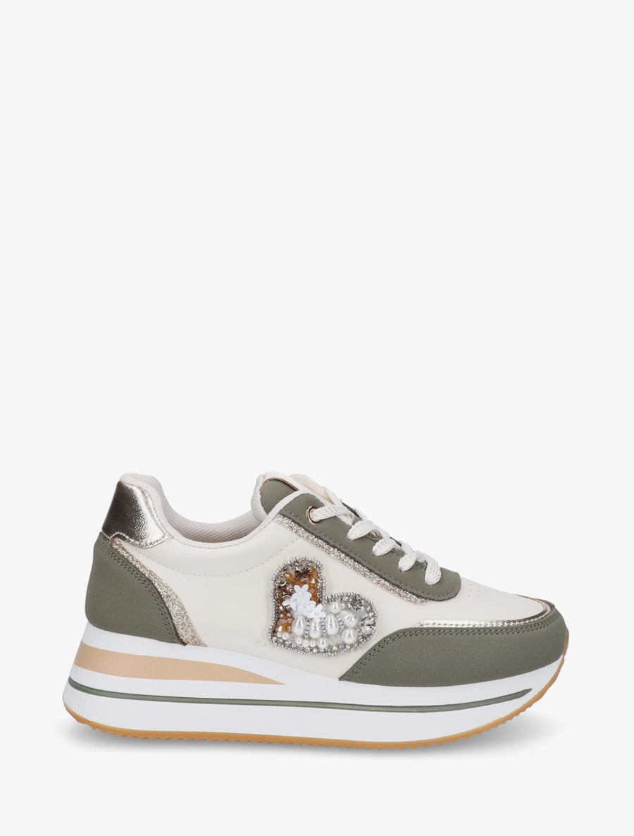 Sneakers à motif coeur et lacets stylisés - Kaki - 1
