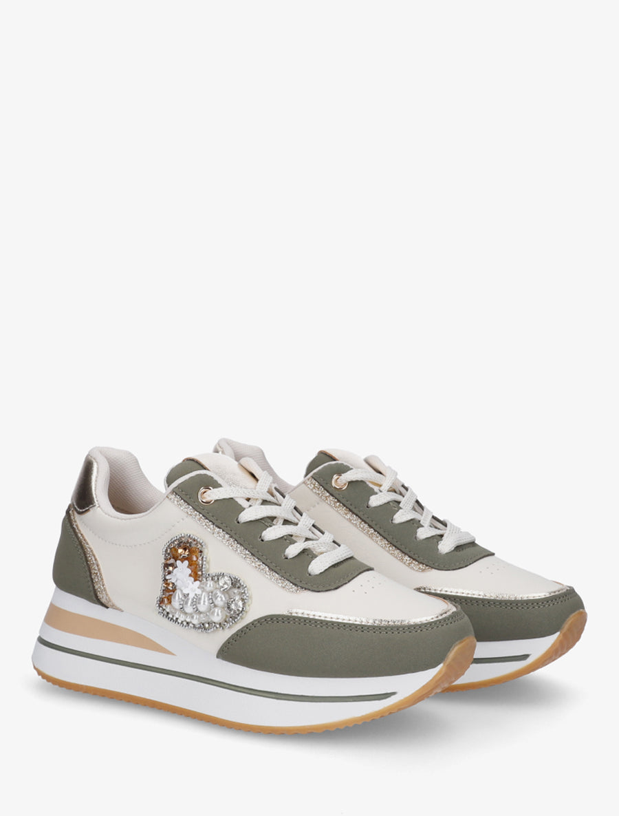 Sneakers à motif coeur et lacets stylisés - Kaki - 4