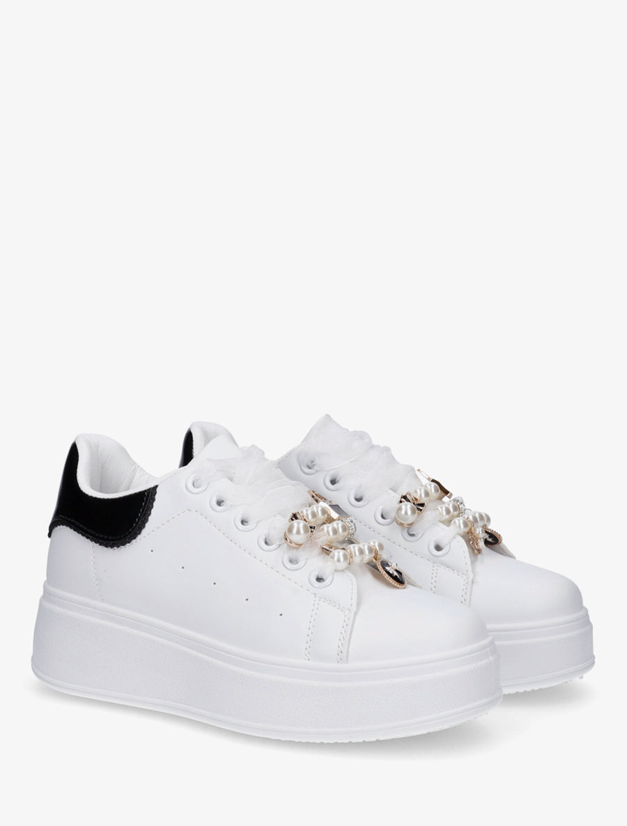 Sneakers à lacets en voile et empiècement bijoux - Blanc - 4