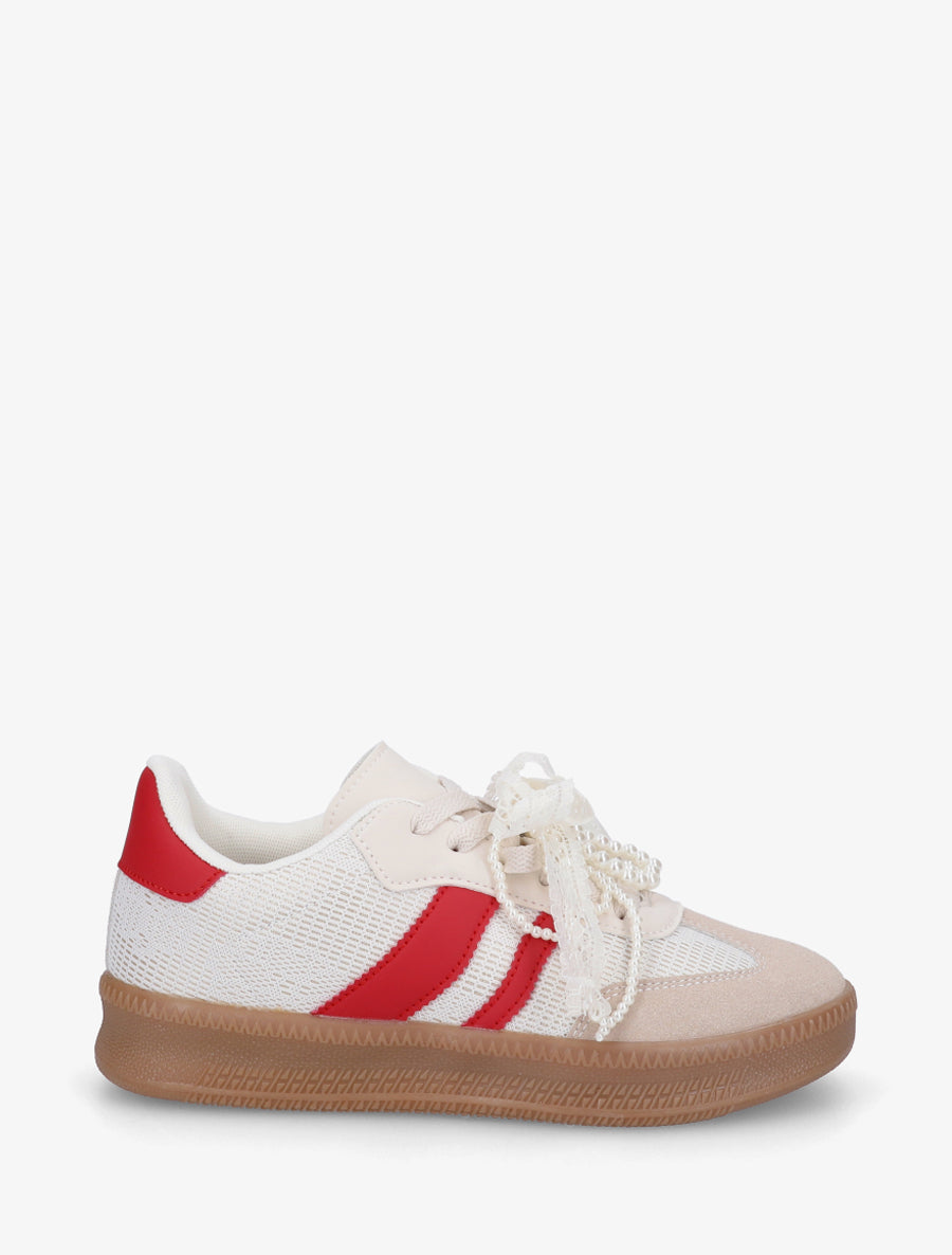 Sneakers à empiècement dentelle et lacets stylisés - Rouge - 1