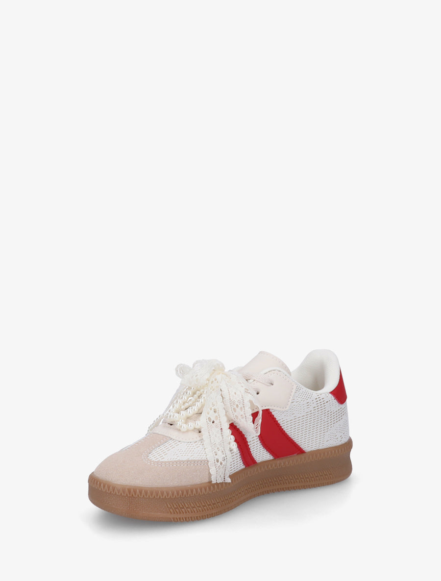 Sneakers à empiècement dentelle et lacets stylisés - Rouge - 3