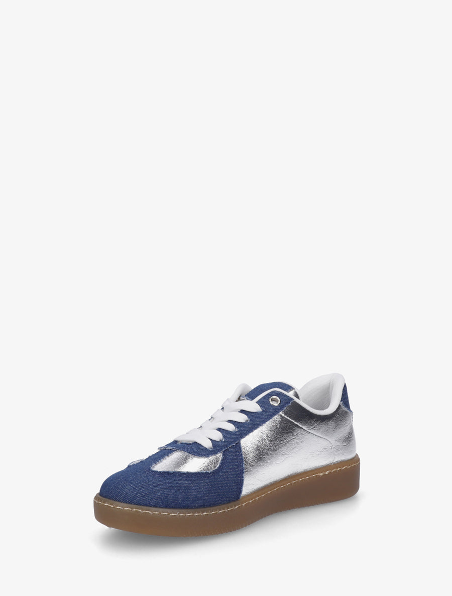 Baskets bi-matière à bout rond - Bleu denim/argent - 3