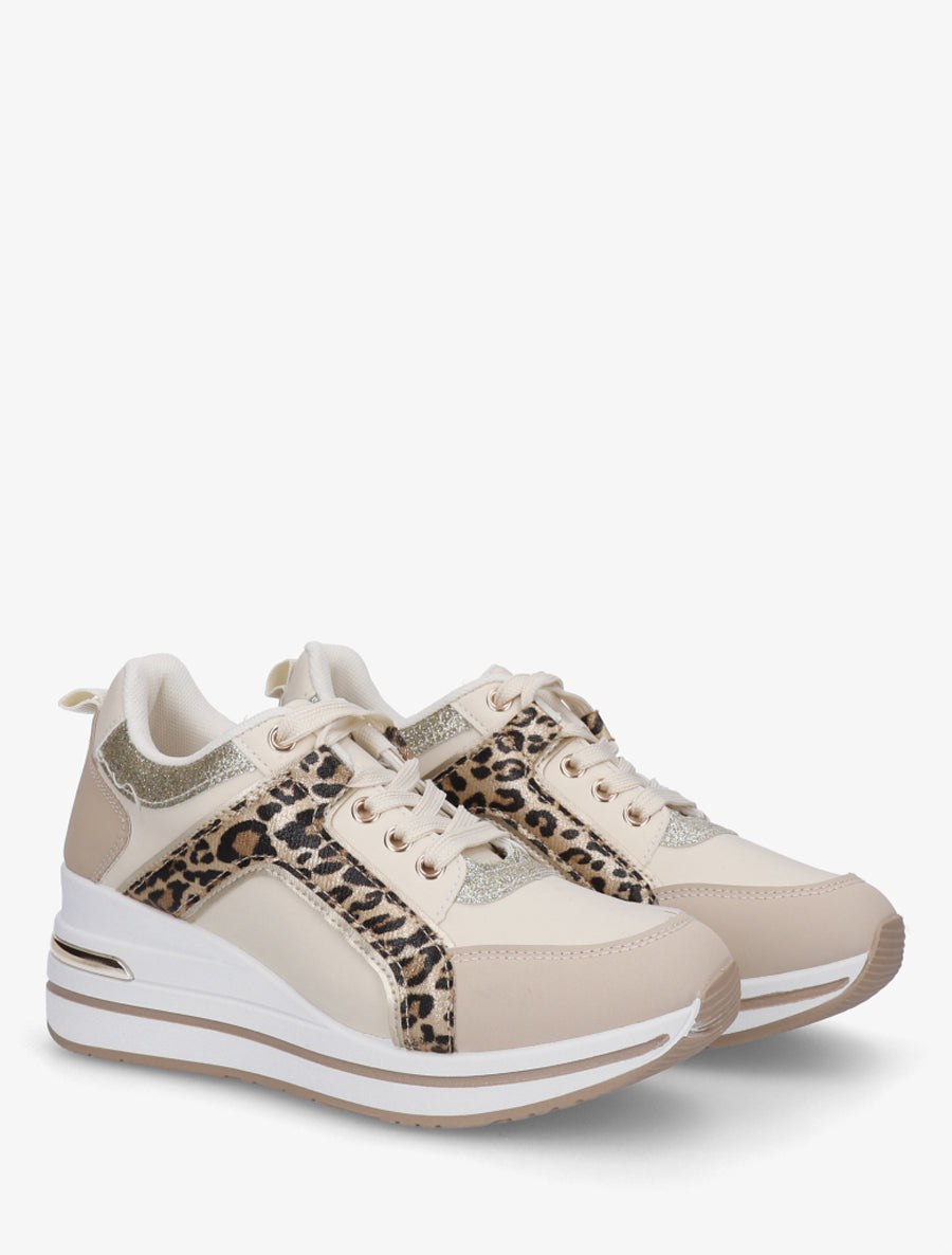 Baskets plateforme à empiècements pailletés et léopard - Beige - 4
