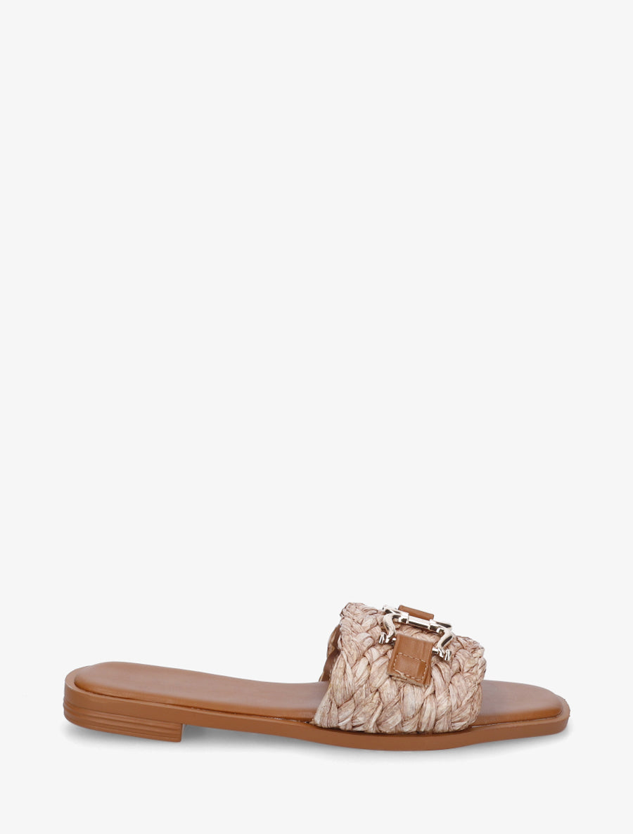 Mules plates en raphia à boucle fantaisie - Taupe - 1