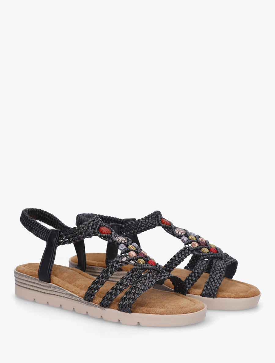 Sandales plates style macramé à perles - Noir - 4