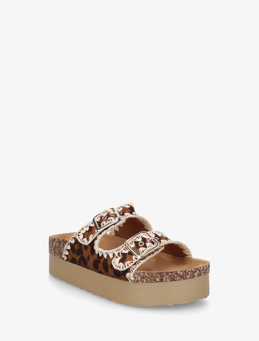 Claquettes léopard à couture en raphia - Camel - 2