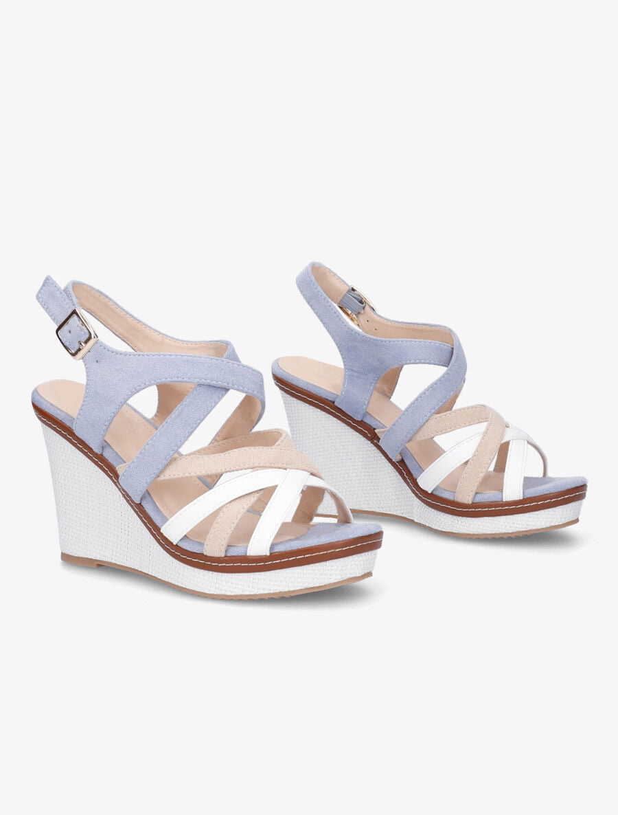 Sandales compensées en suédine et simili - Bleu - 4