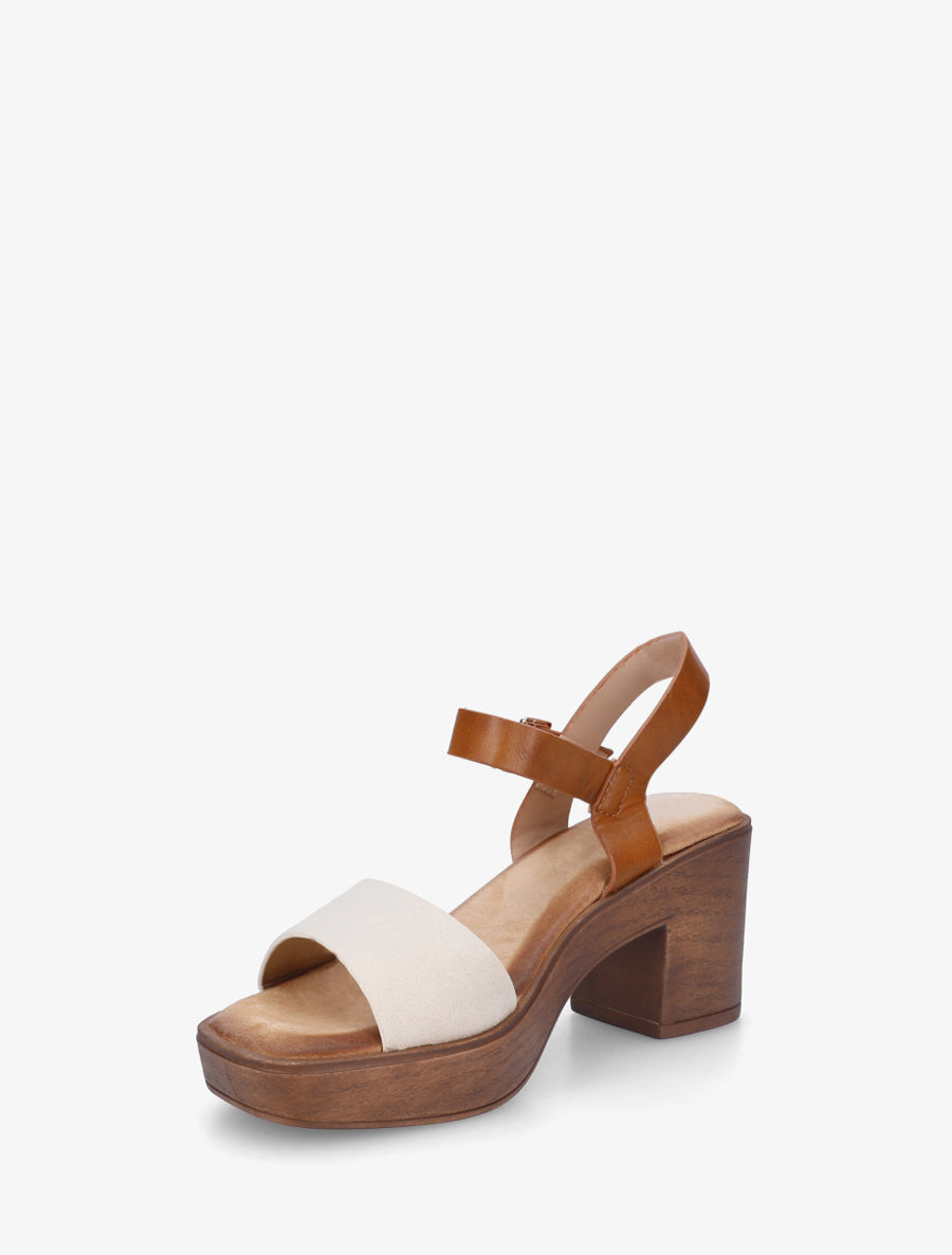 Sandales bi-matière à talon carré - Beige - 3