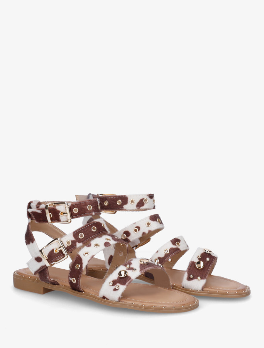 Nu-pieds motif vache à brides à oeillets - Marron - 4