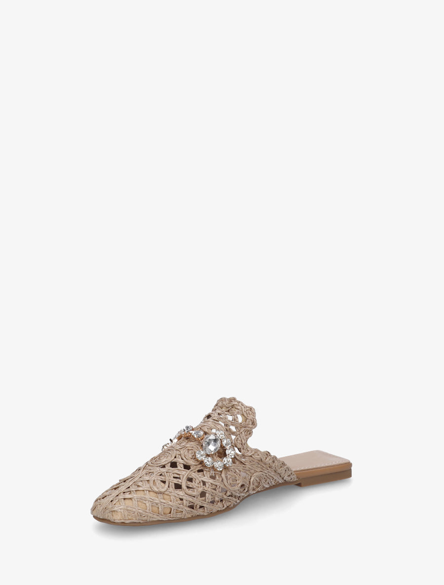 Mules en raphia à bijoux strassés - Taupe - 3