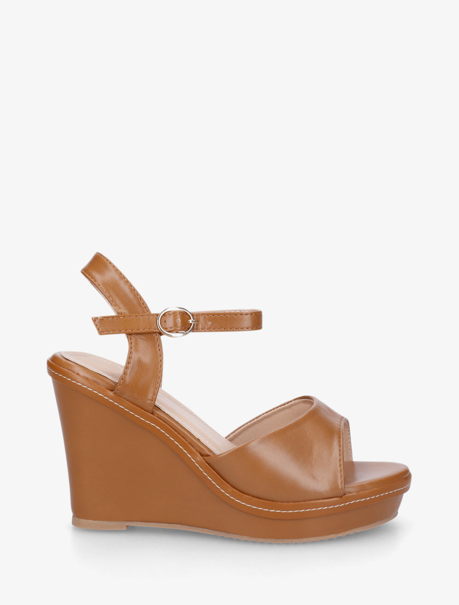 Sandales compensées en simili - Camel - 1