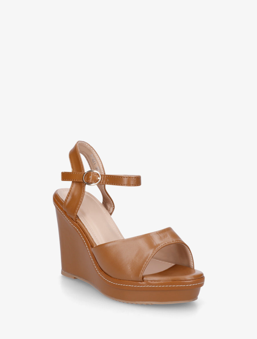 Sandales compensées en simili - Camel - 2
