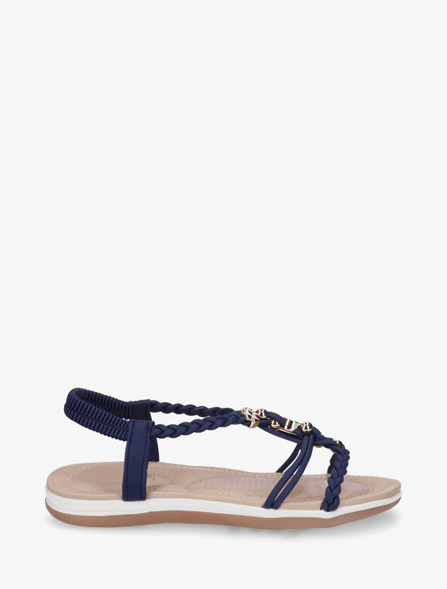 Sandales à empiècement bijoux et cheville élastiquée - Marine - 1