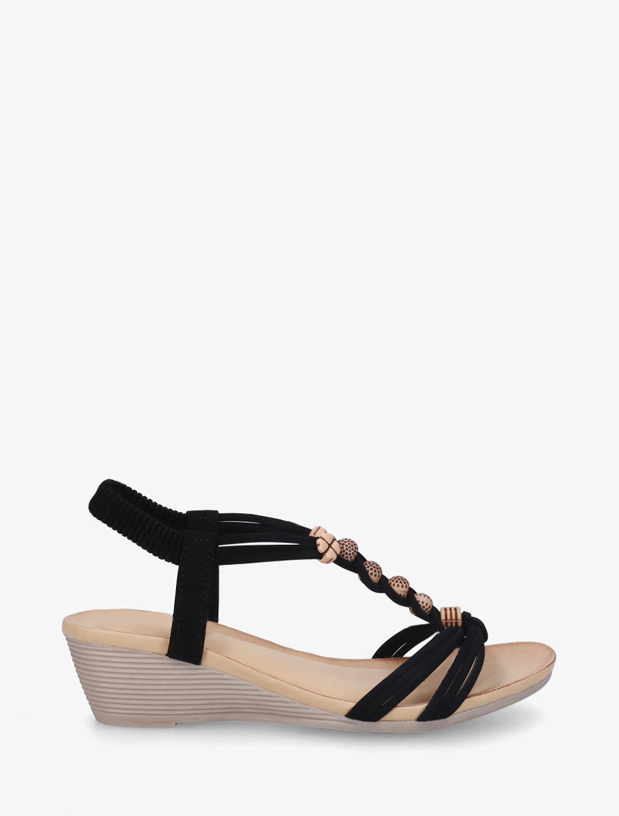 Sandales compensées à perles rondes et motif trèfle - Noir - 1