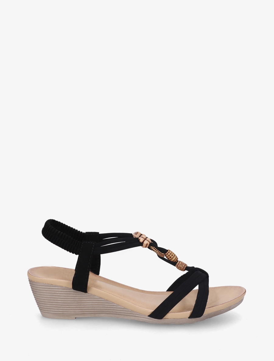 Sandales compensées à perles et bride en T croisée - Noir - 1