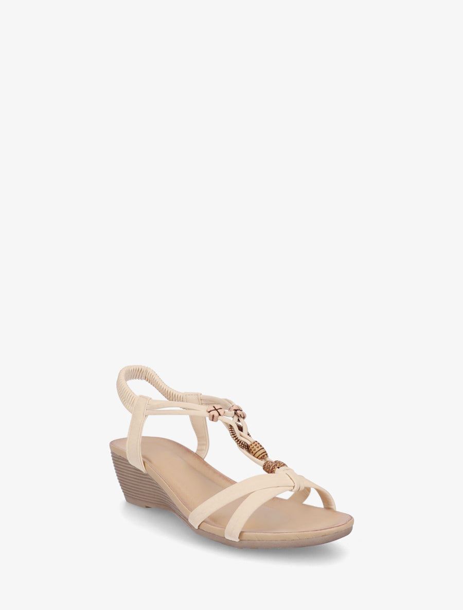 Sandales compensées à perles et bride en T croisée - Beige - 2