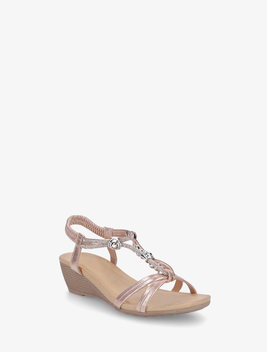 Sandales compensées à empiècement perles et strass - Rose gold - 2
