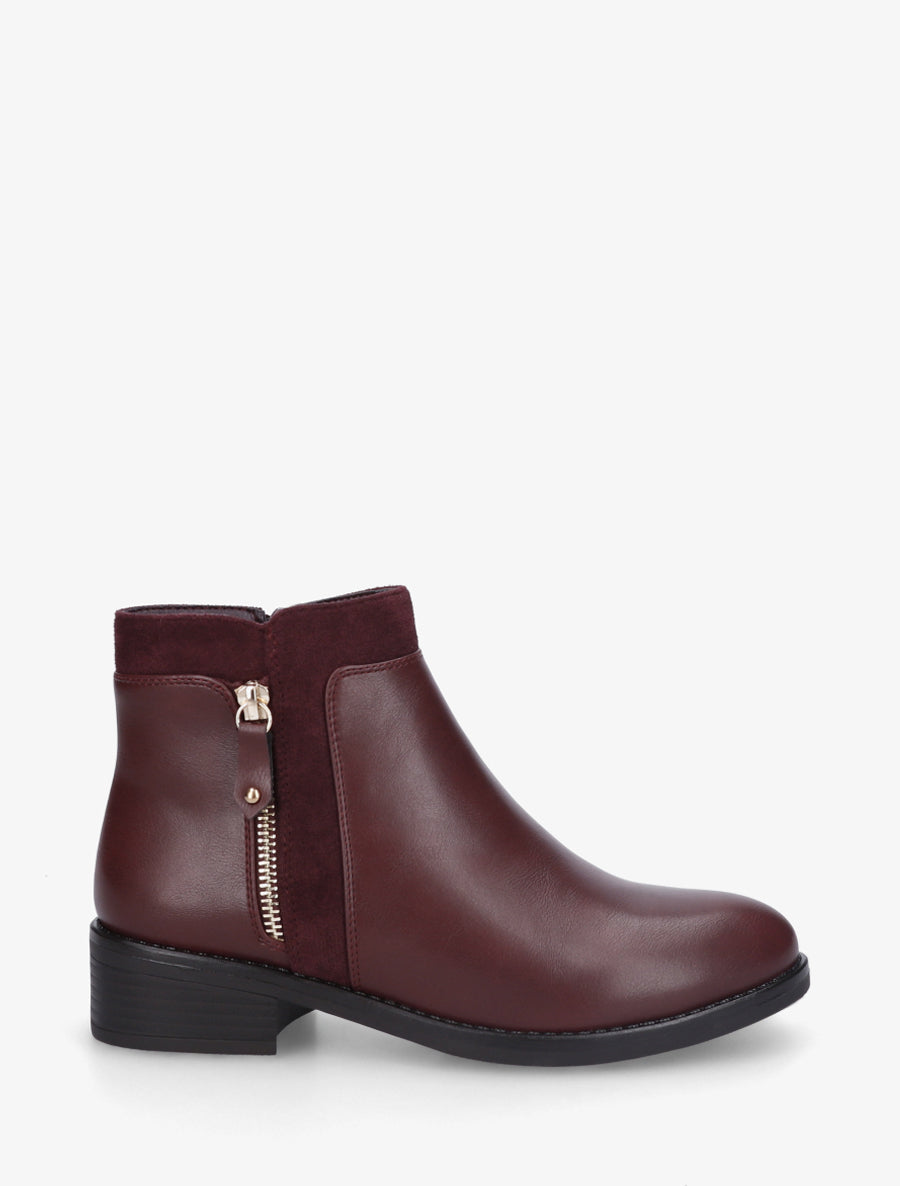 Bottines bi-matière à zip décoratif - Lie de vin - 1