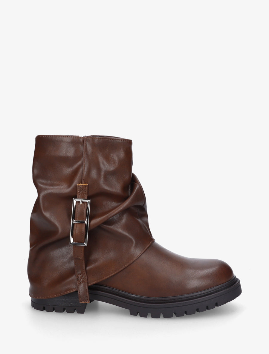 Bottines à revers effet froissé en simili - Marron - 1