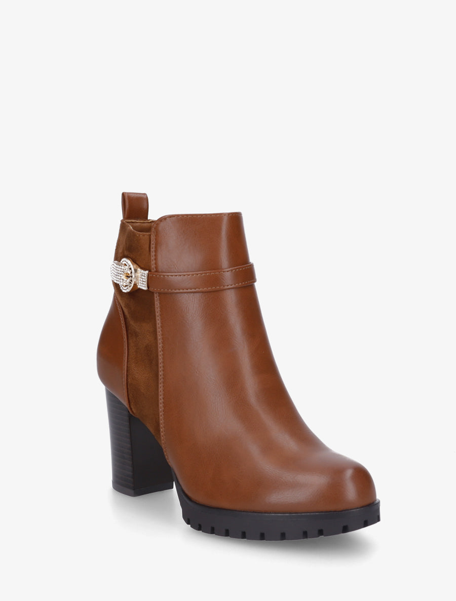 Bottines bi-matière à boucle strassée - Camel - 2
