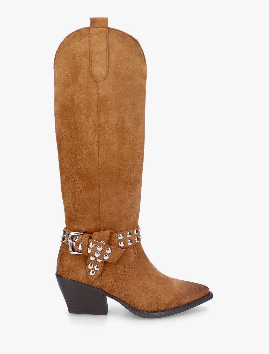 Bottes style santiag à sangle cloutée - Camel - 1