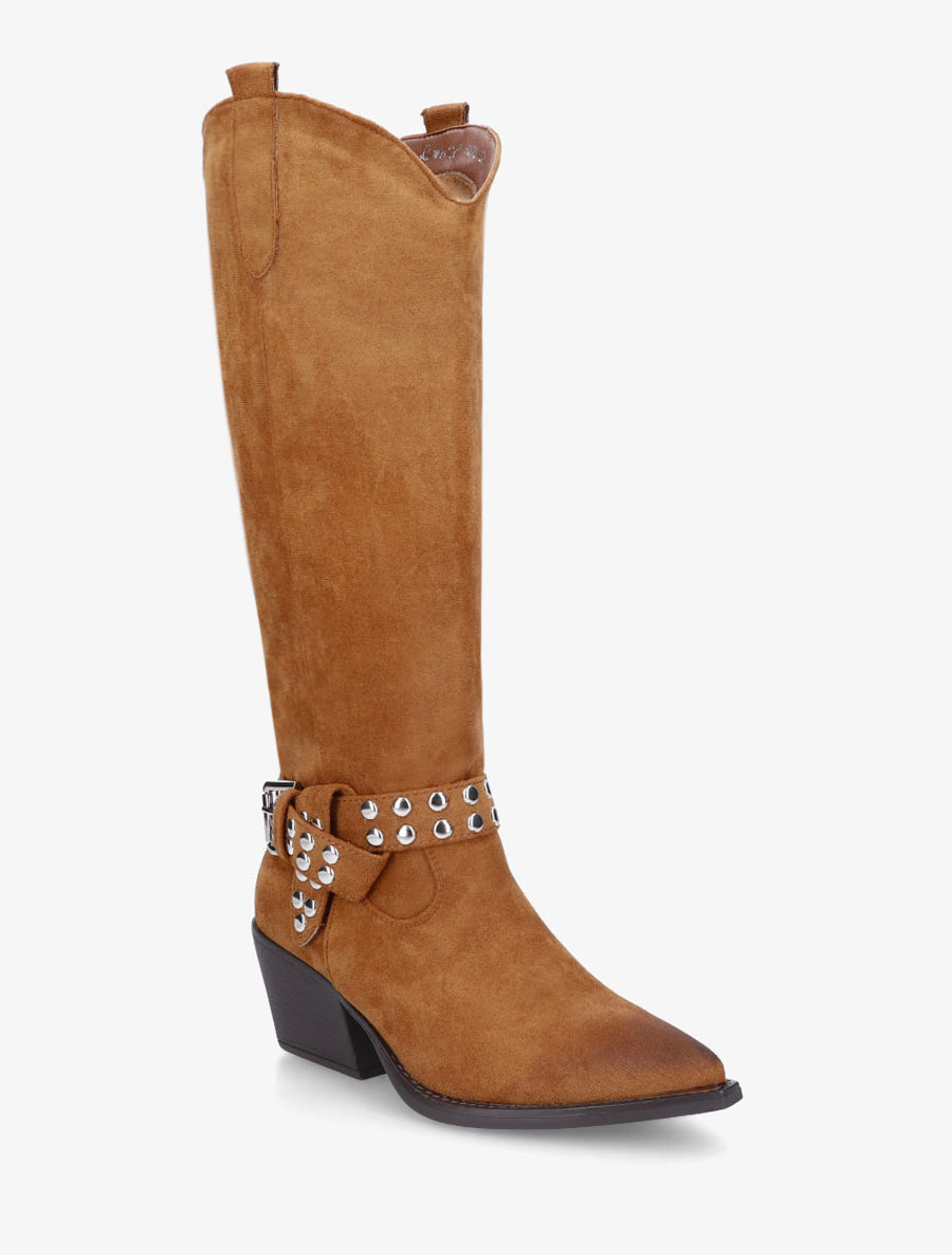 Bottes style santiag à sangle cloutée - Camel - 2
