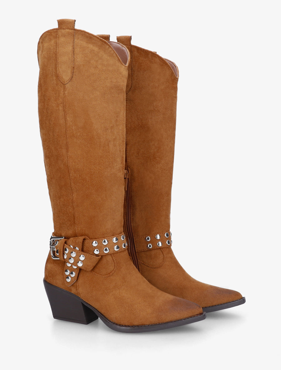 Bottes style santiag à sangle cloutée - Camel - 4
