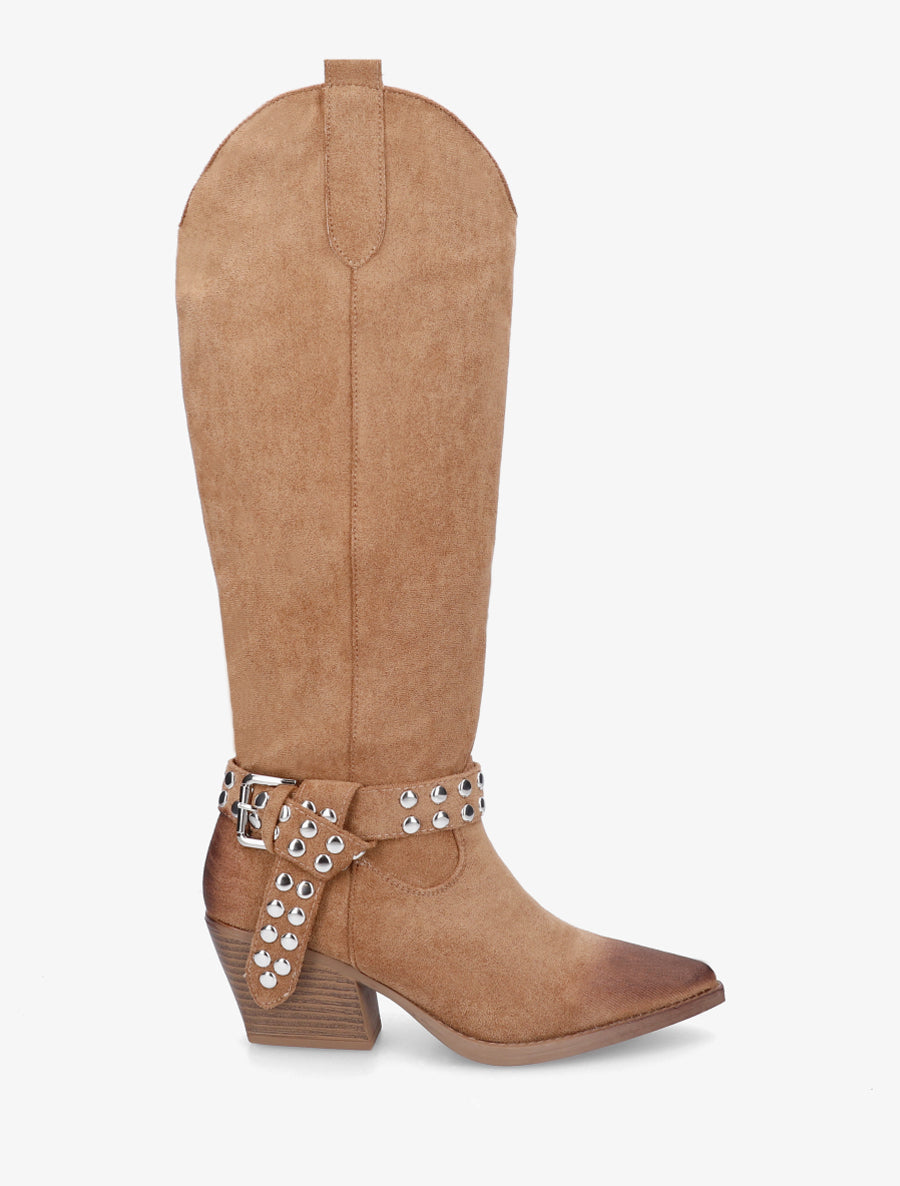 Bottes style santiag à sangle cloutée - Taupe - 1