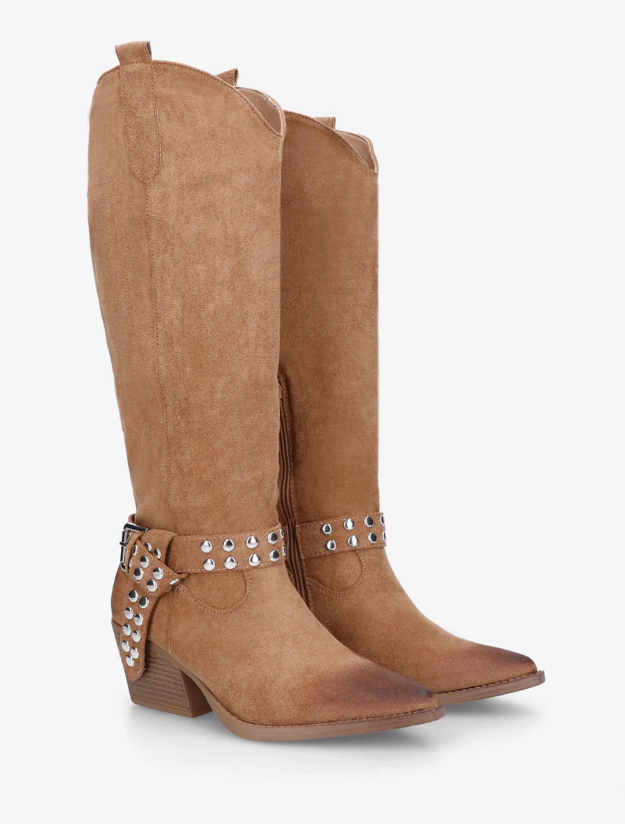 Bottes style santiag à sangle cloutée - Taupe - 4