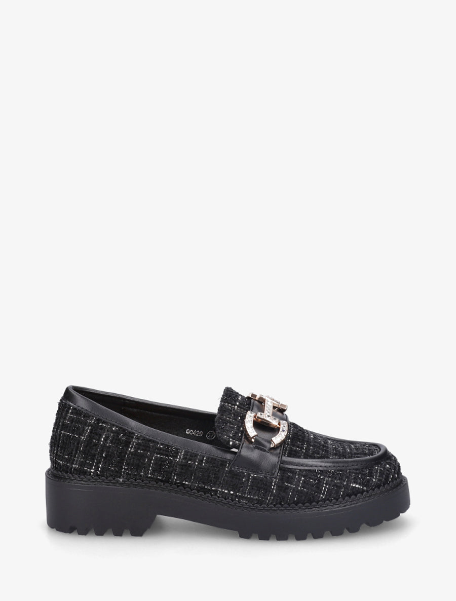 Mocassins en tweed à boucle strassée - Noir - 1