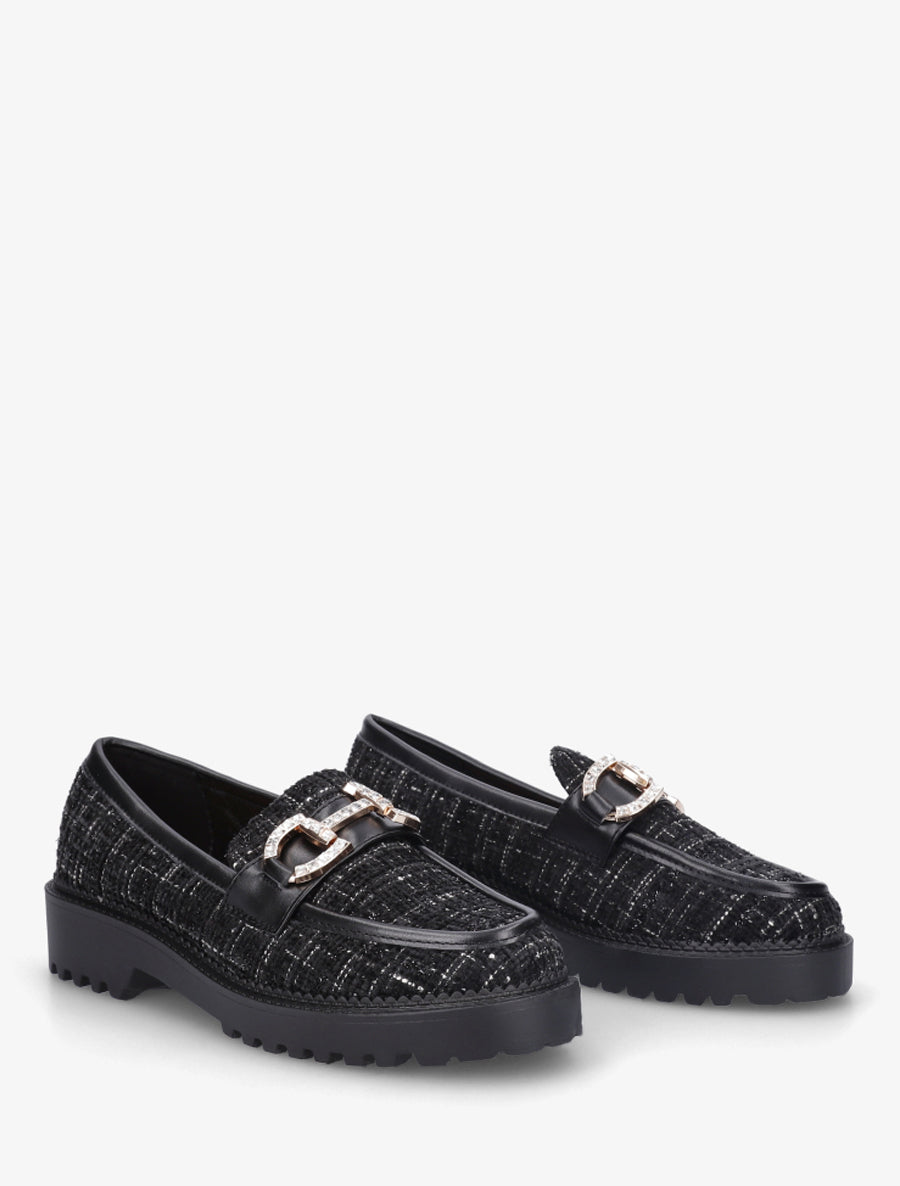 Mocassins en tweed à boucle strassée - Noir - 4