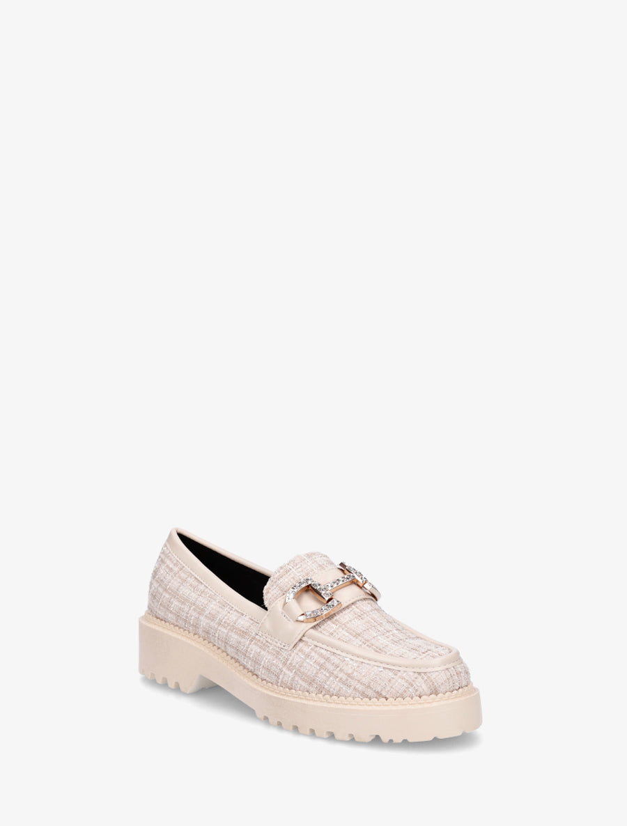 Mocassins en tweed à boucle strassée - Beige - 2